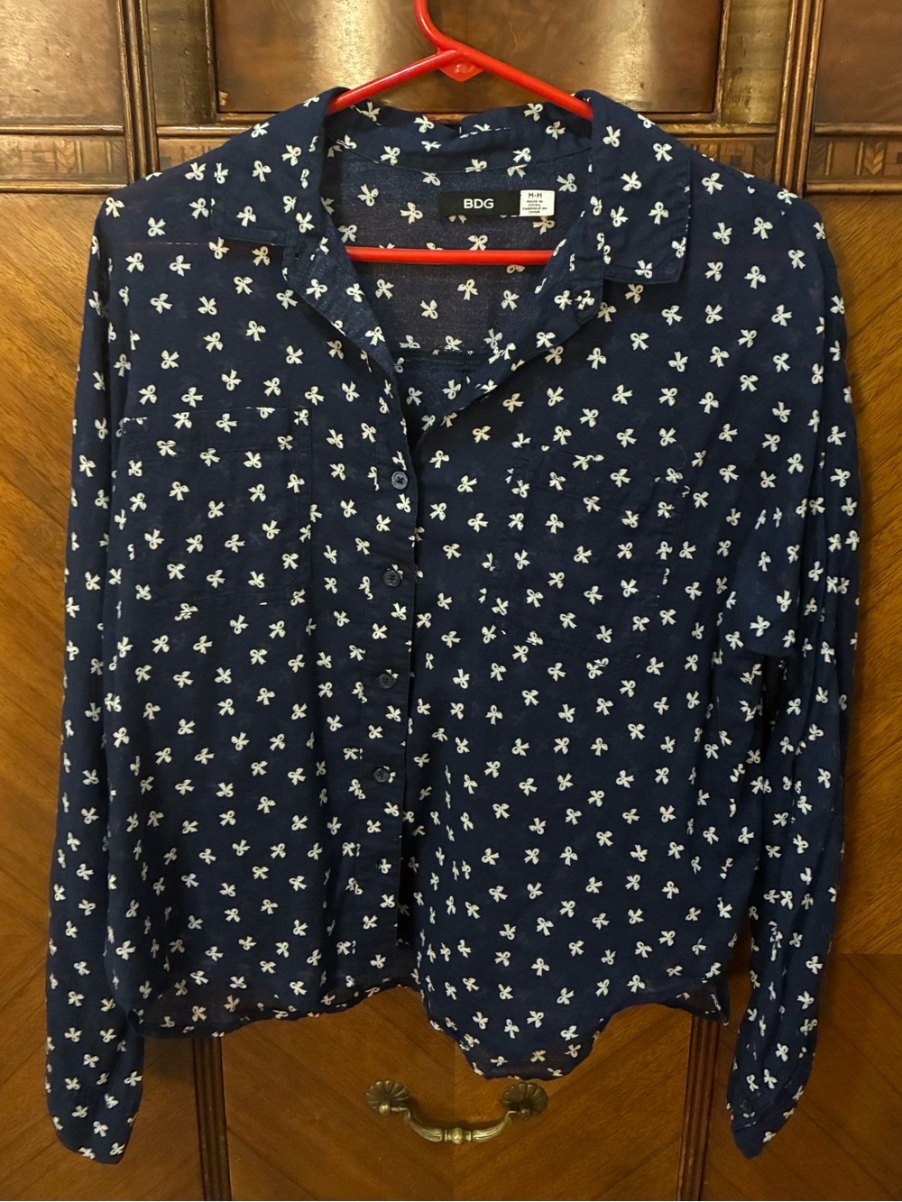 BDG Navy Button-Down Shirt with White Bow Motif